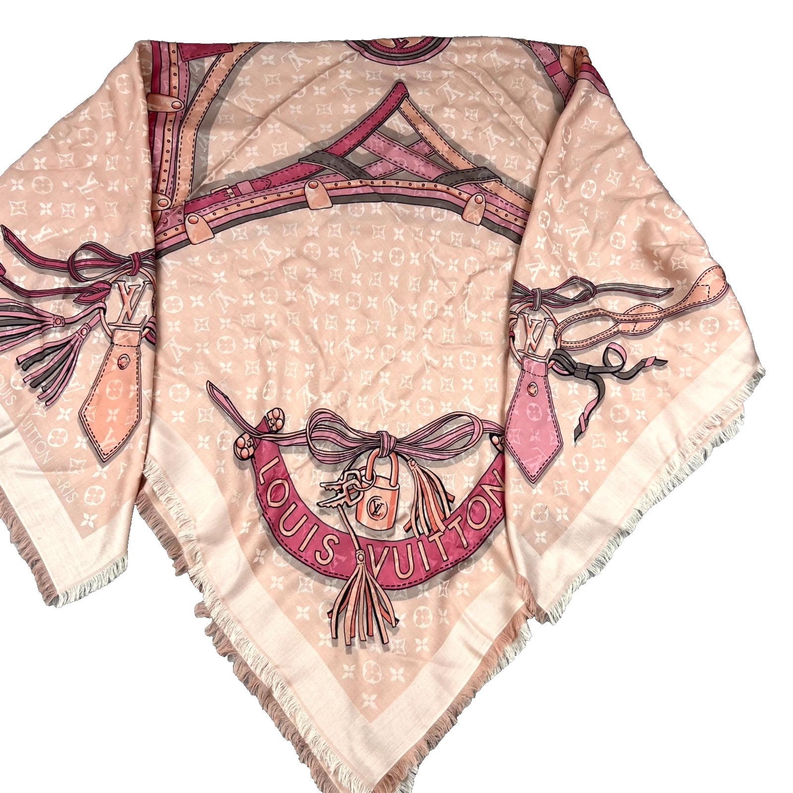 Louis Vuitton Monogram Foulard Scarf Pink Wool & Silk Square Fringe 54 X 54